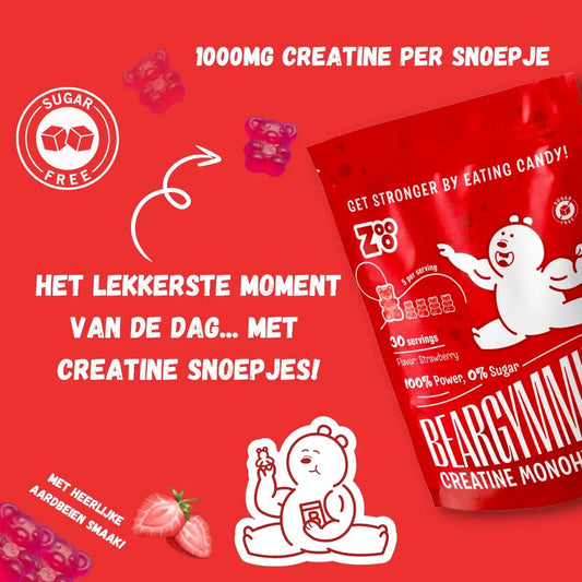 Visual met tekst “1000 mg creatine per snoepje” en Beargymmies suikervrije aardbeien-gummies en verpakking.