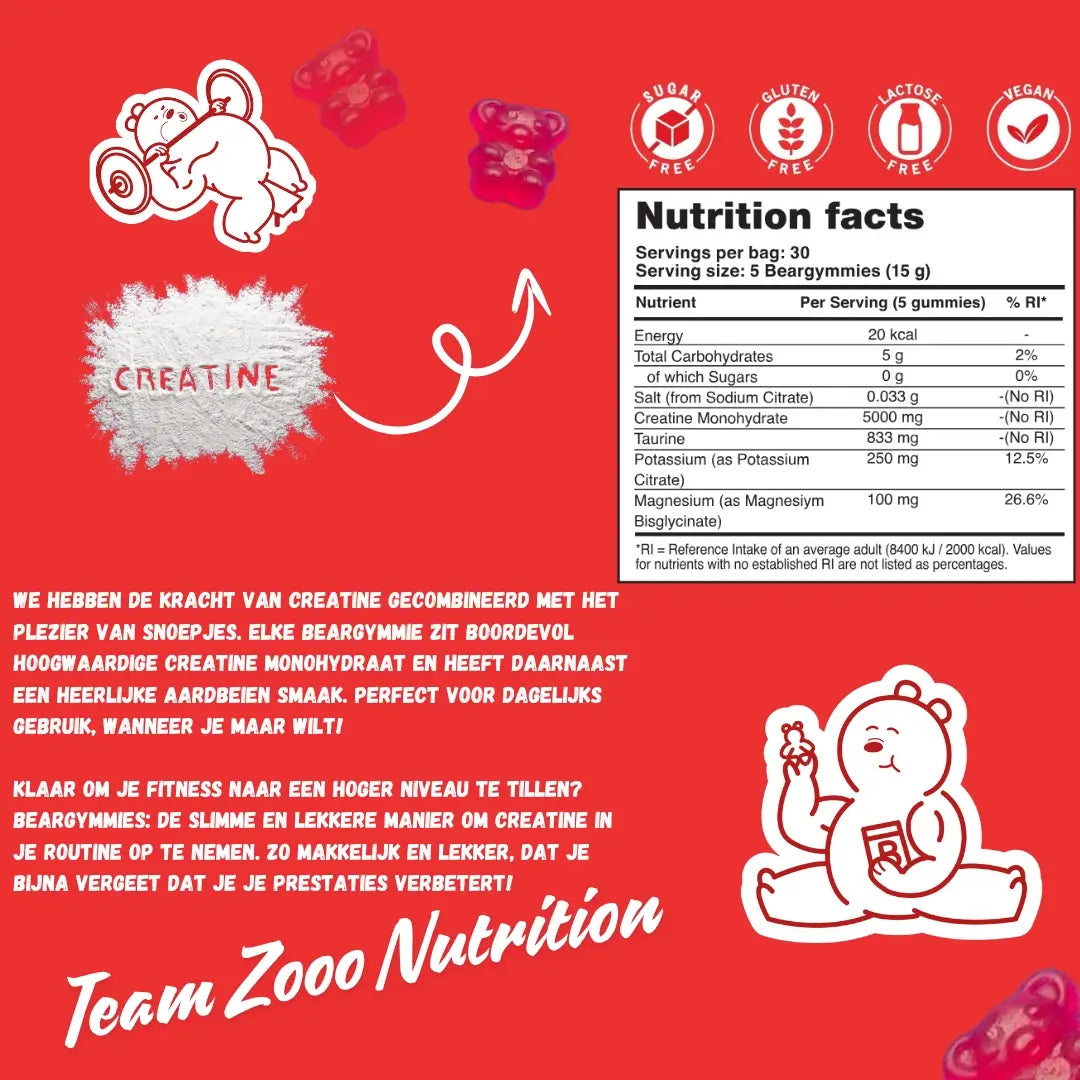 Voedingswaarde Beargymmies suikervrij aardbei; tabel met 5 g creatine per portie en 1000 mg per gummy.