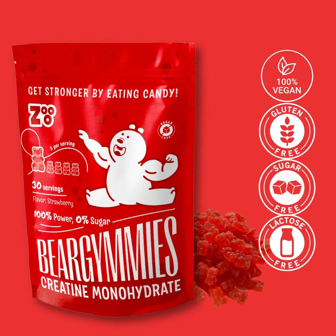 Rode Beargymmies zak, suikervrije aardbei; badges 100% vegan, gluten- en lactosevrij zichtbaar.