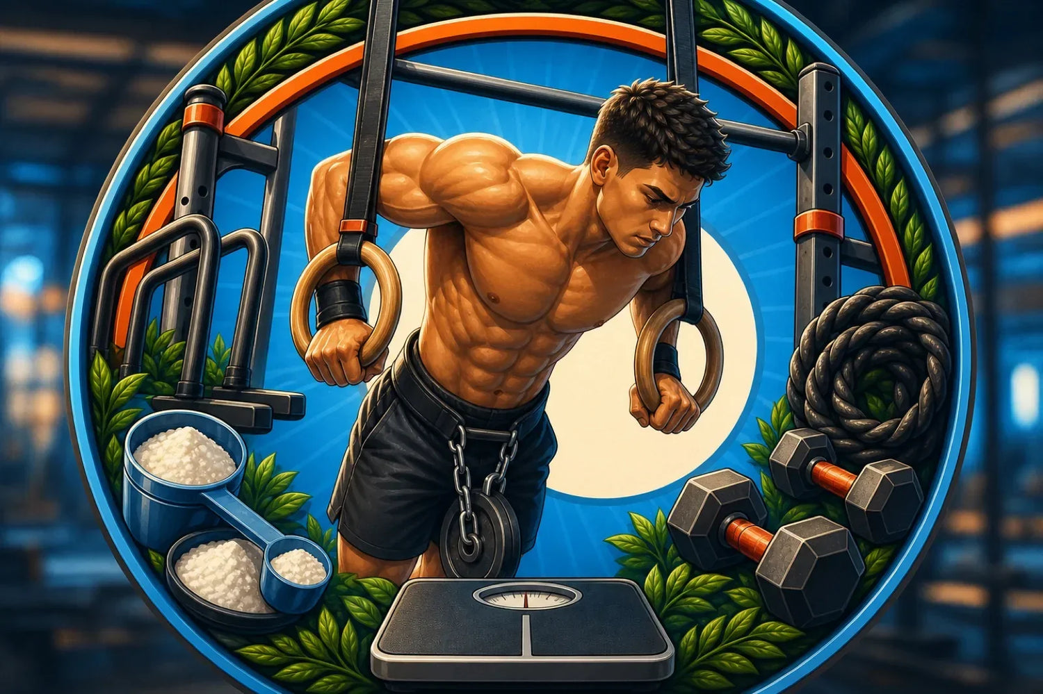 Calisthenics-sporter voert een gecontroleerde ring dip uit in een buitenpark