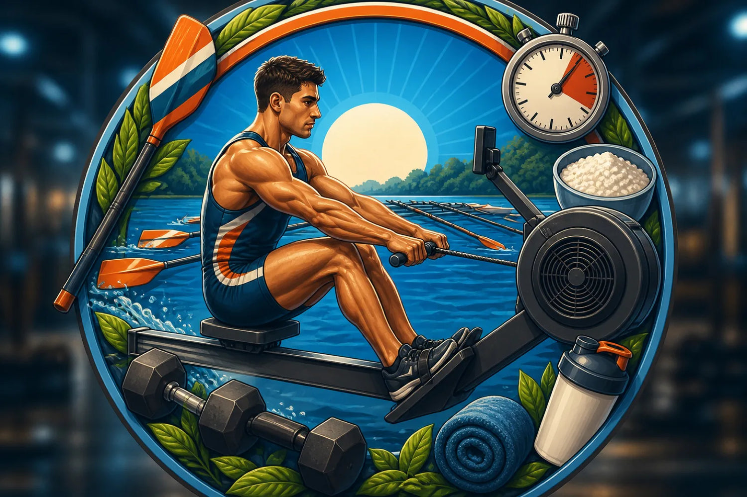 Roeier traint een krachtige haal op een indoor roei-ergometer