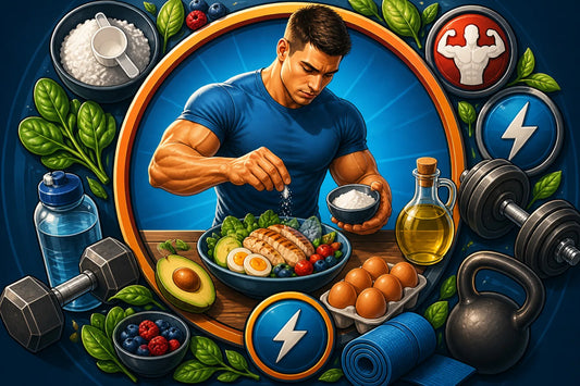 Sporter bereidt na training een maaltijd met avocado, eieren en groene groenten