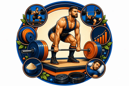 Powerlifter bereidt zich voor op een zware deadlift op een wedstrijdplatform