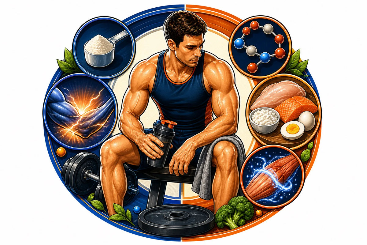 Creatine gummies en aminozuurdrank naast trainingsgewichten