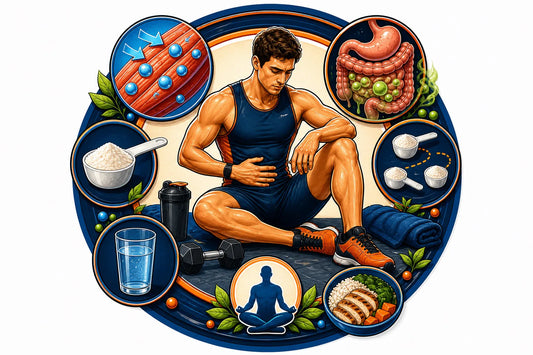 Sporter houdt de buik vast naast een glas water en creatine gummies