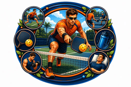 Pickleballspeler maakt een snelle volley aan het net op een buitenbaan
