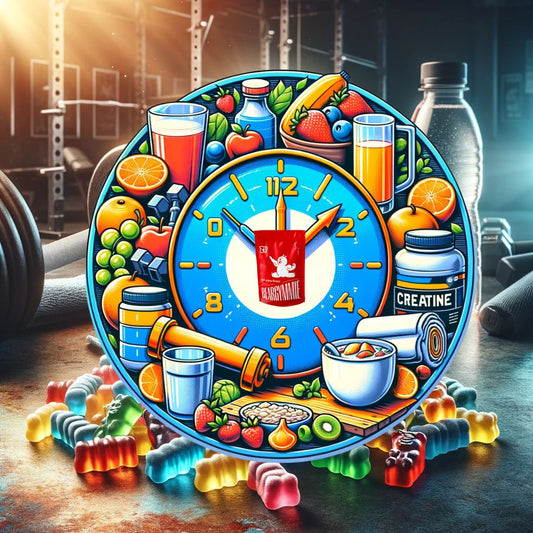 Grote klok toont post-workout tijd met gezond ontbijt en gym-elementen, symboliserend beste tijden voor creatine-inname na training en bij ontbijt.