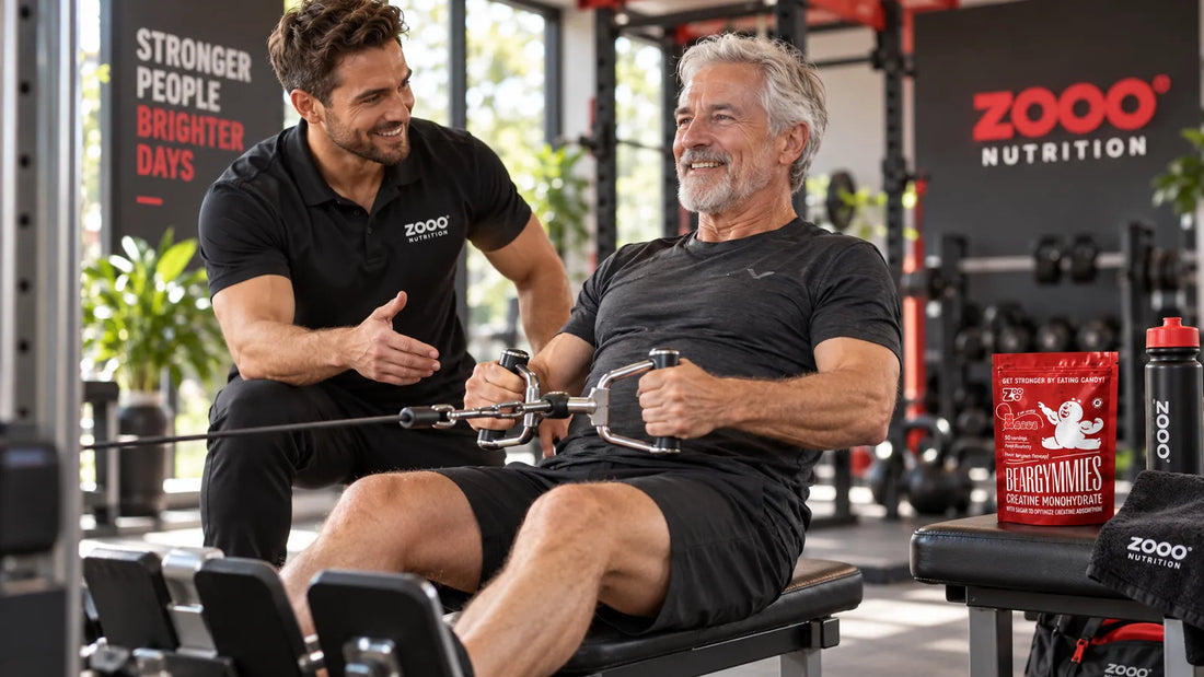 Actieve zestigplusser doet begeleide krachttraining met Beargymmies als dagelijkse routine