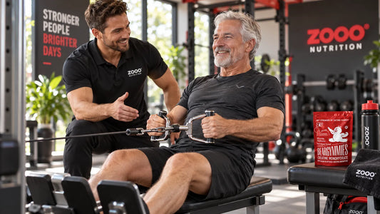 Actieve zestigplusser doet begeleide krachttraining met Beargymmies als dagelijkse routine
