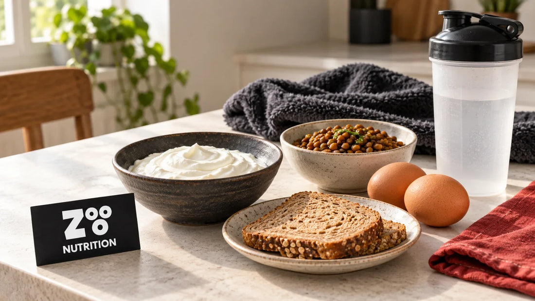 Yoghurt, eieren, linzen en volkorenbrood als eiwitbronnen naast een shaker