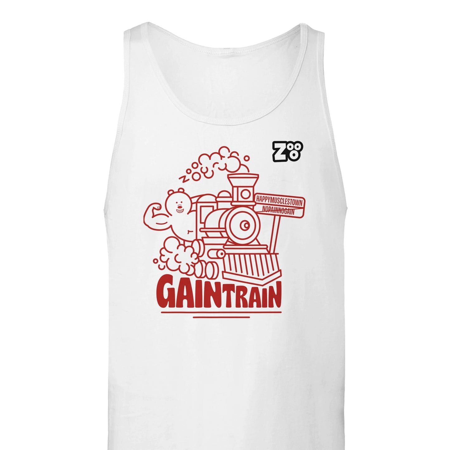Gain Train Tank Top te koop op Zooo.store, met een stoer en sportief ontwerp, ideaal voor workouts, verkrijgbaar in diverse kleuren en maten.