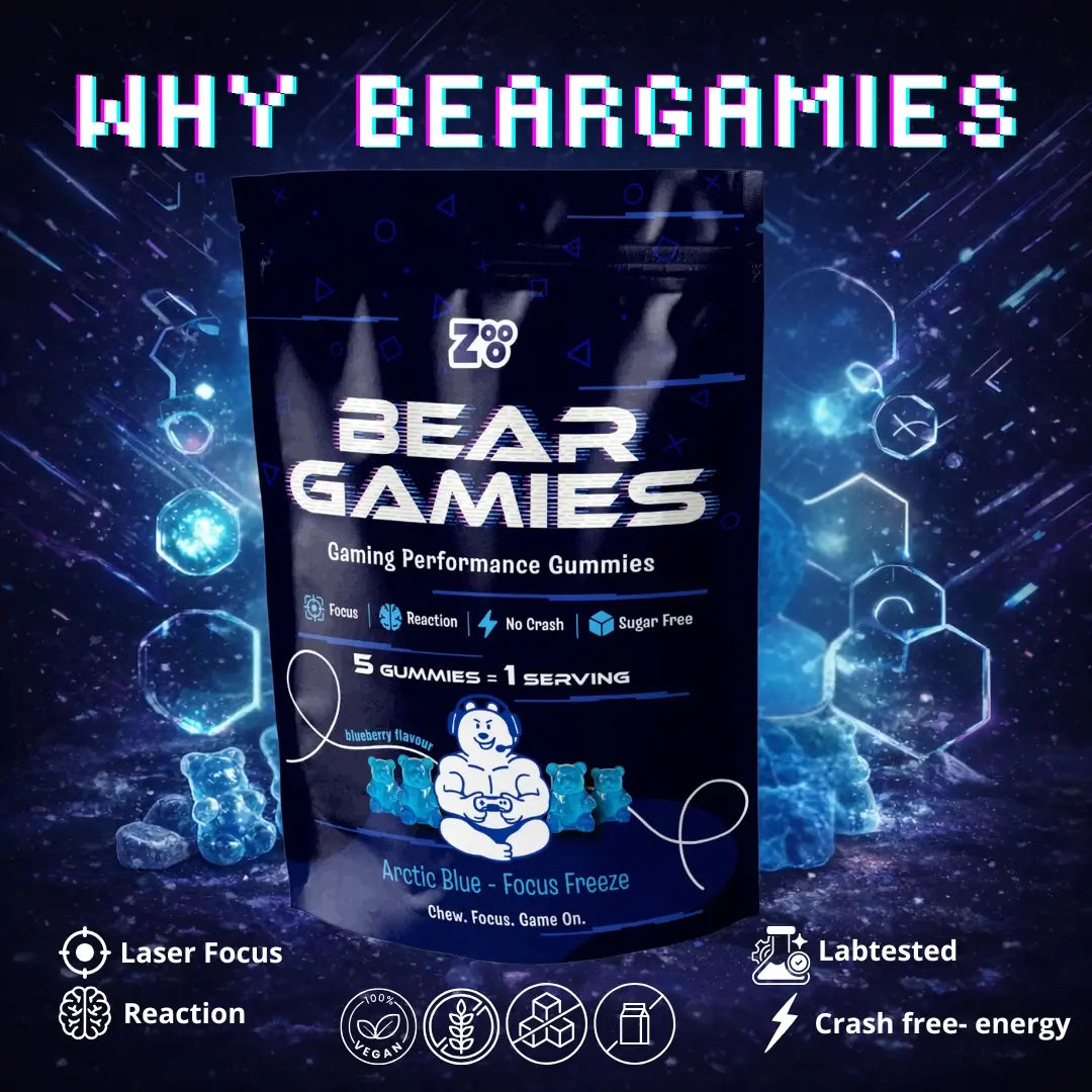 BearGamies Gamer Mode gaming performance gummies in Arctic Blue Focus Freeze smaak, suikervrij met 5g creatine per serving, op futuristische gaming achtergrond.