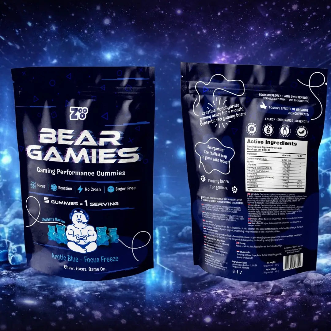 Voor- en achterkant van BearGamies Gamer Mode gaming gummies verpakking (Arctic Blue Focus Freeze), suikervrij met active ingredients en voedingsinformatie zichtbaar.