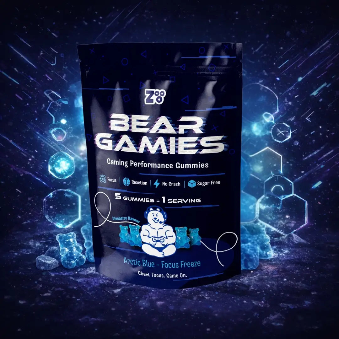 BearGamies gaming gummies Arctic Blue Focus Freeze (suikervrij) verpakking met focus, reaction en no crash design.