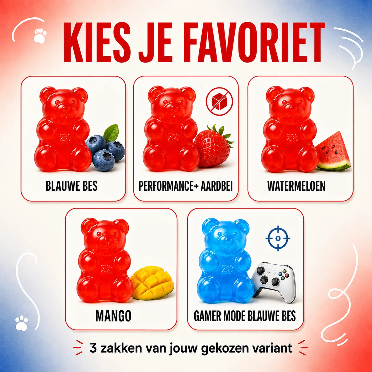 Beargymmies smakenoverzicht met rode gummies voor Blauwe Bes, Aardbei, Watermeloen en Mango en een blauwe Gamer Mode gummy