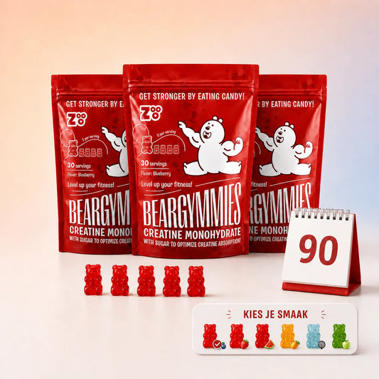 Drie zakken Beargymmies creatine gummies voor een 90-dagenabonnement met keuze uit meerdere smaken