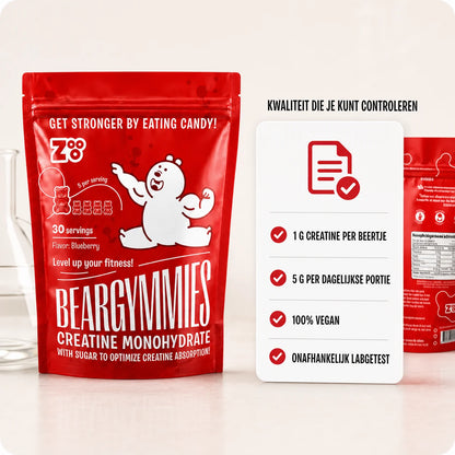 Beargymmies Blueberry met 1 gram creatine per beertje, 5 gram per portie, vegan en onafhankelijk labgetest
