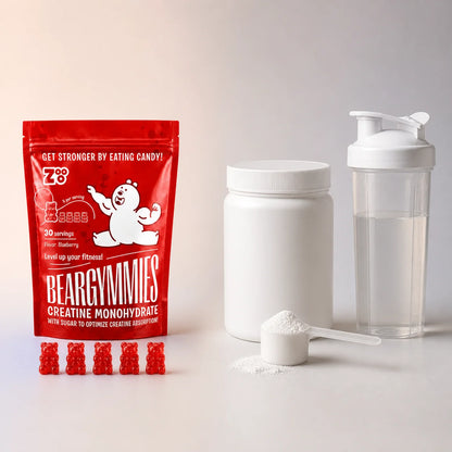 Vergelijking van vijf Beargymmies creatine gummies met traditioneel creatinepoeder en een shaker