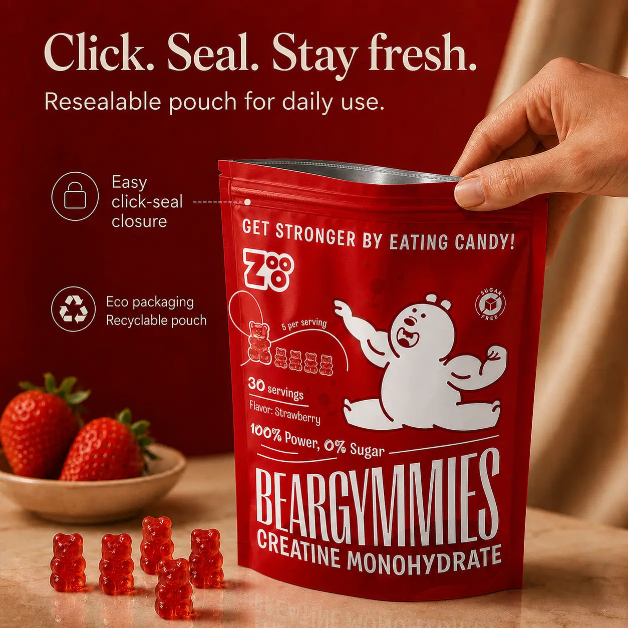 Beargymmies creatine gummies in hersluitbare pouch met click-seal sluiting om de gummies vers te houden.
