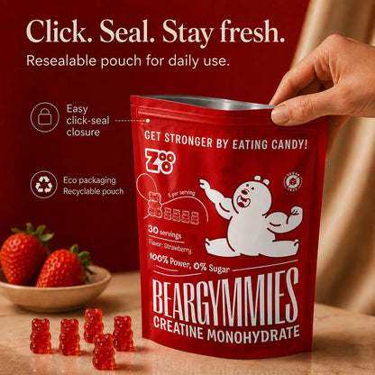 Beargymmies creatine gummies in hersluitbare pouch met click-seal sluiting om de gummies vers te houden.