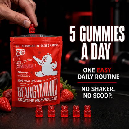 Vijf Beargymmies Performance+ gummies als eenvoudige dagelijkse routine zonder shaker of scoop