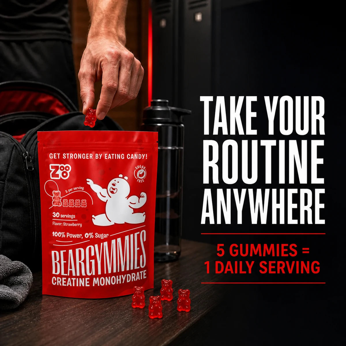 Beargymmies Performance+ creatine gummies naast een sporttas voor een eenvoudige dagelijkse routine