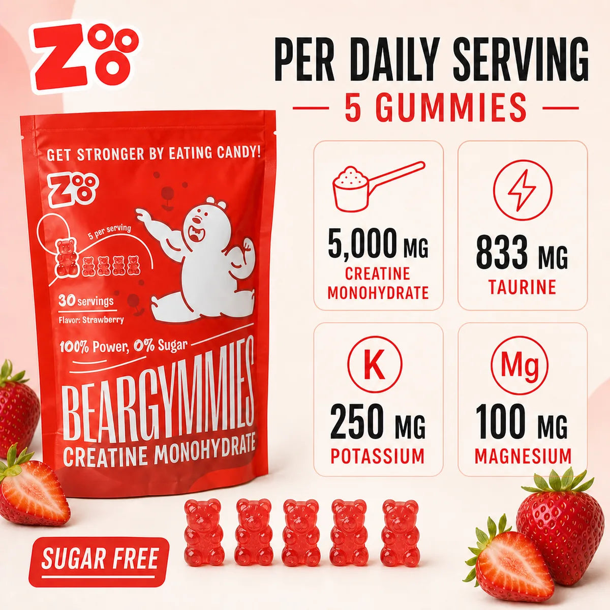 Samenstelling van Beargymmies Performance+ per 5 gummies: creatine monohydraat, taurine, kalium en magnesium