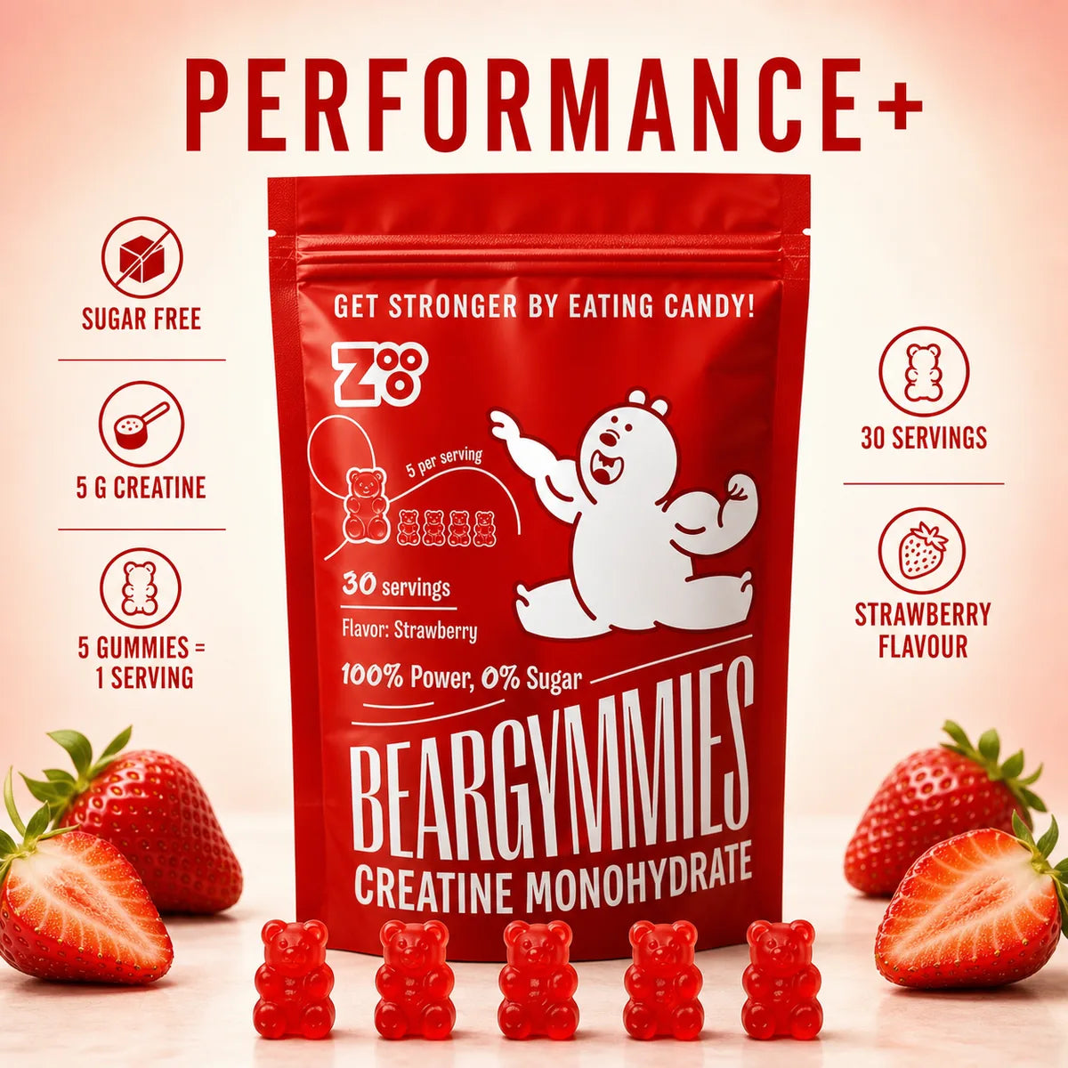 Beargymmies Performance+ suikervrije creatine gummies met aardbeiensmaak, 5 gram creatine per dagelijkse portie