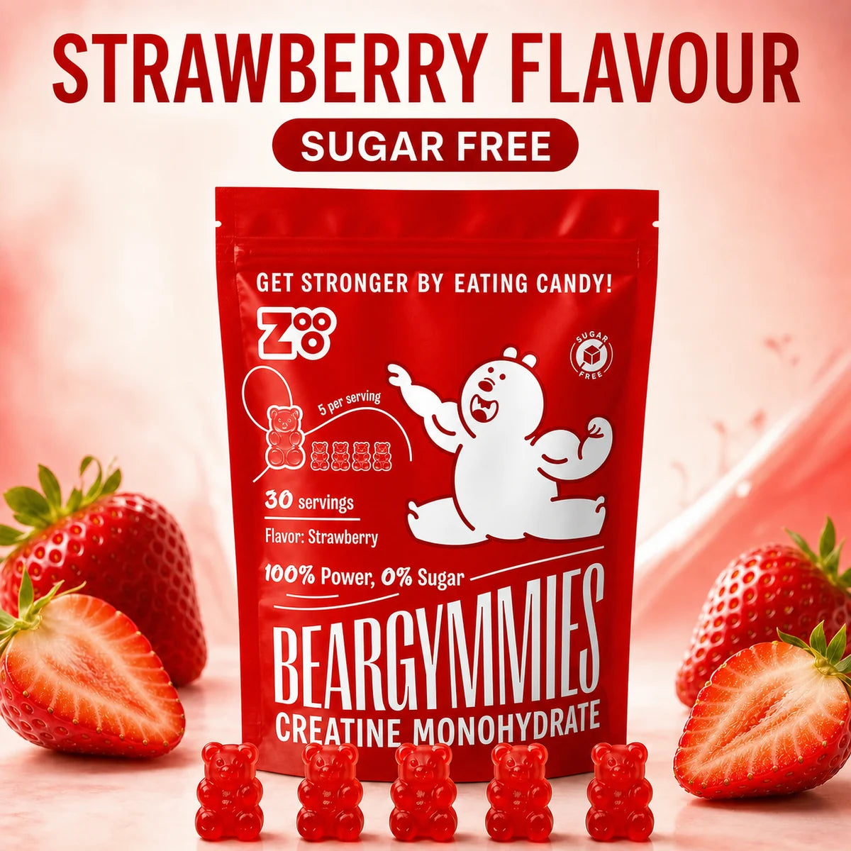 Beargymmies Performance+ suikervrije creatine gummies met aardbeiensmaak en vijf rode gummybeertjes