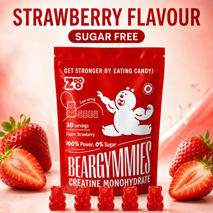 Beargymmies Performance+ suikervrije creatine gummies met aardbeiensmaak en vijf rode gummybeertjes