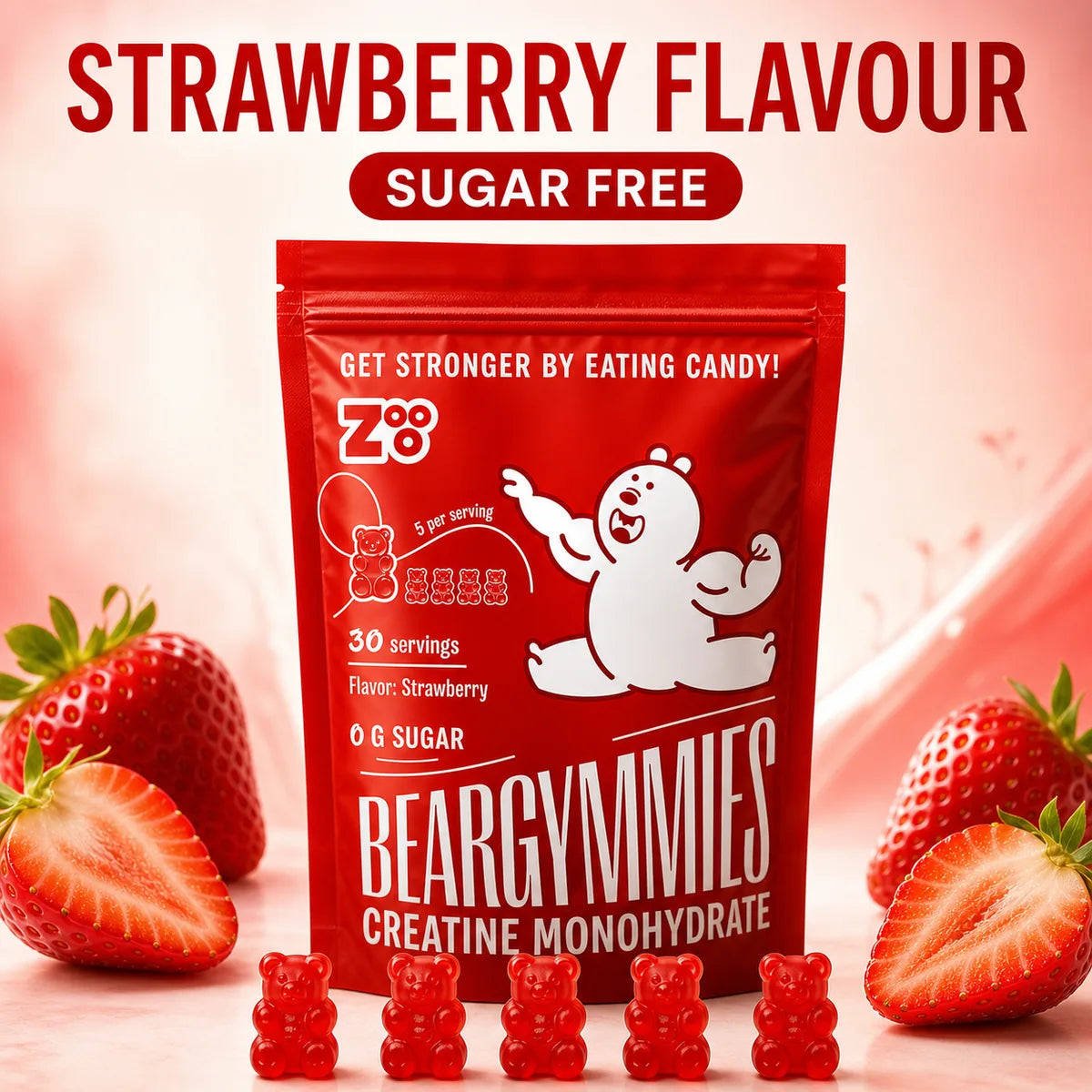 Suikervrije Beargymmies Performance+ creatine gummies met aardbeiensmaak en vijf rode gummybeertjes