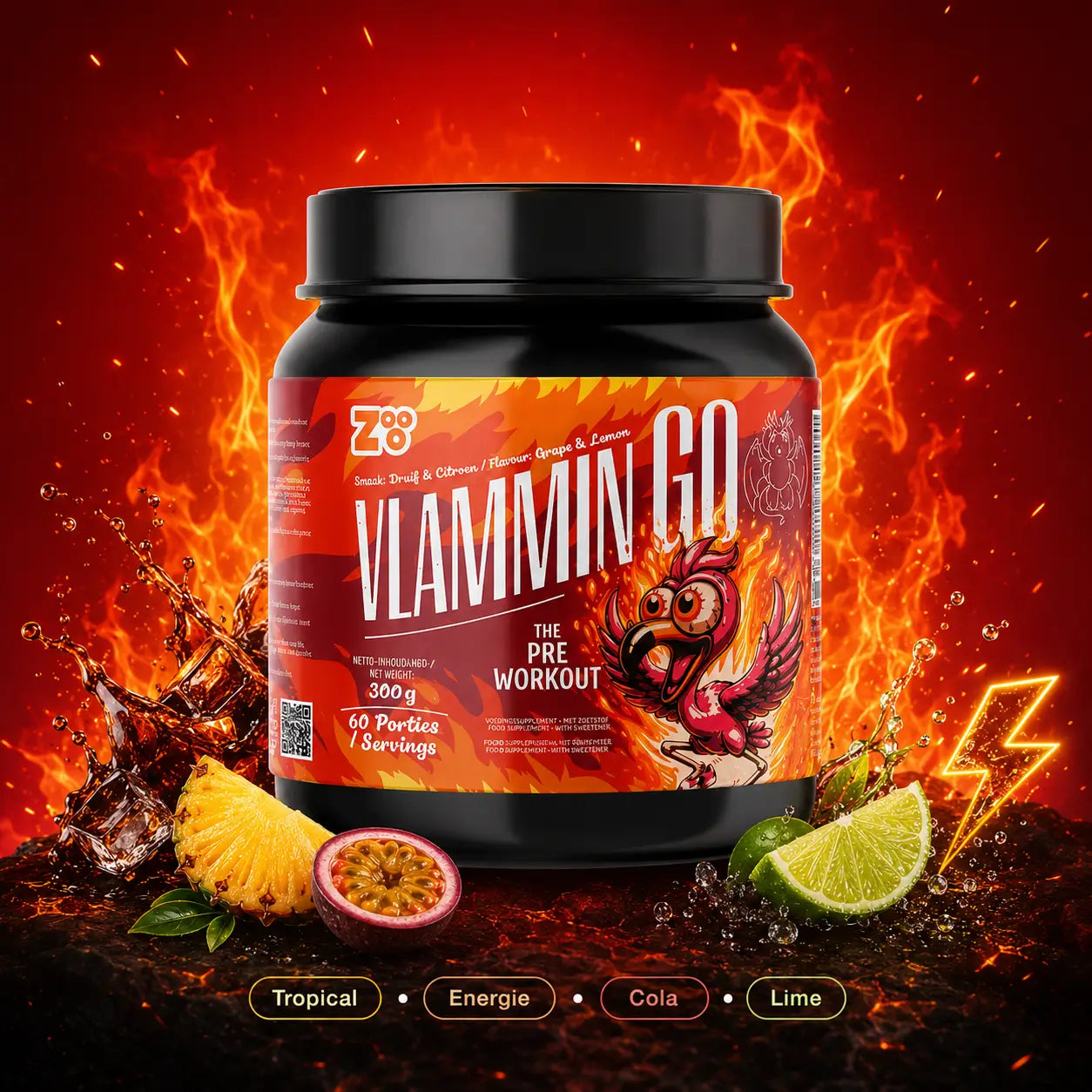 VlamminGo® pre-workout van ZOOO Nutrition, 300 g met 60 porties en verkrijgbaar in Tropical, Energie, Cola en Lime.