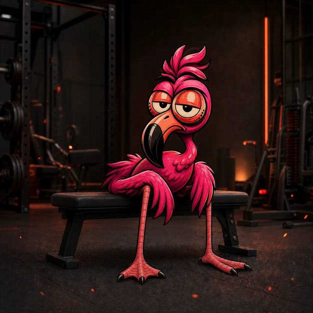 VLAMminGO pre-workout mascotte in ruststand in de sportschool