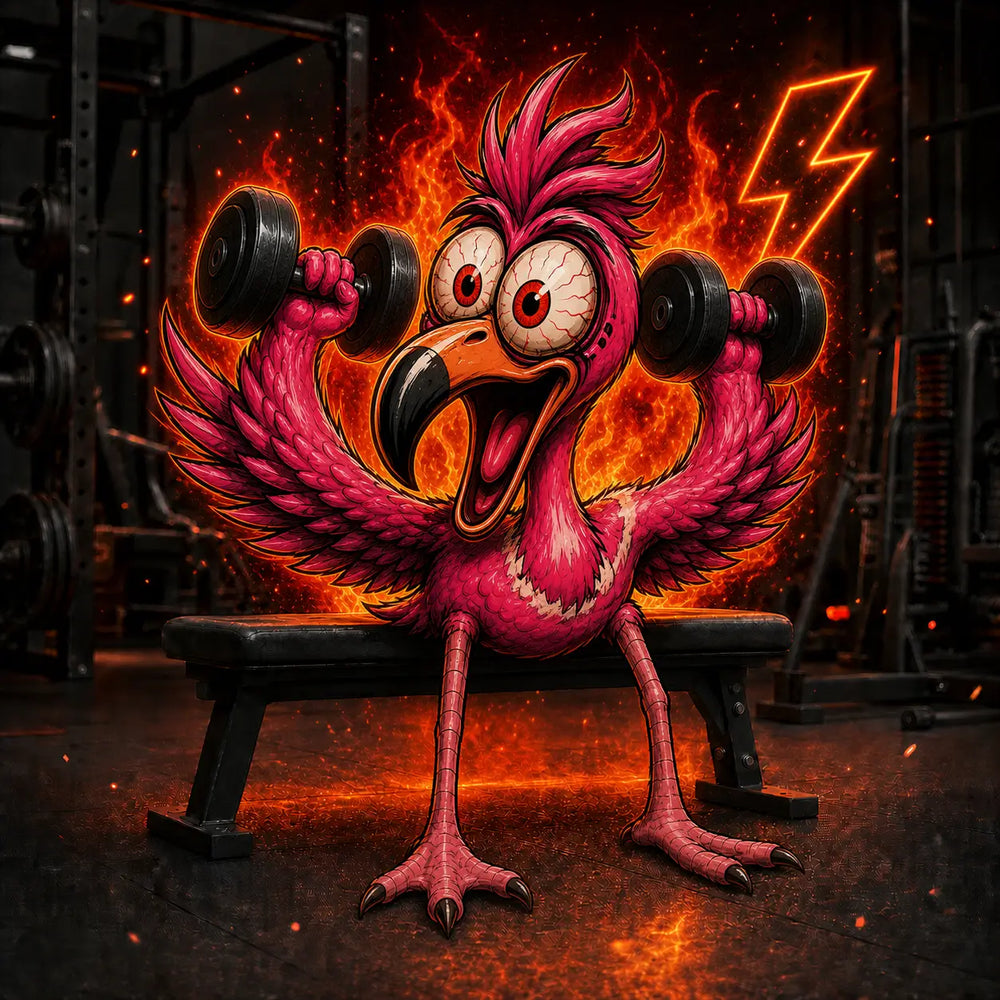 VLAMminGO pre-workout mascotte in trainingsmodus met dumbbells en vlammen