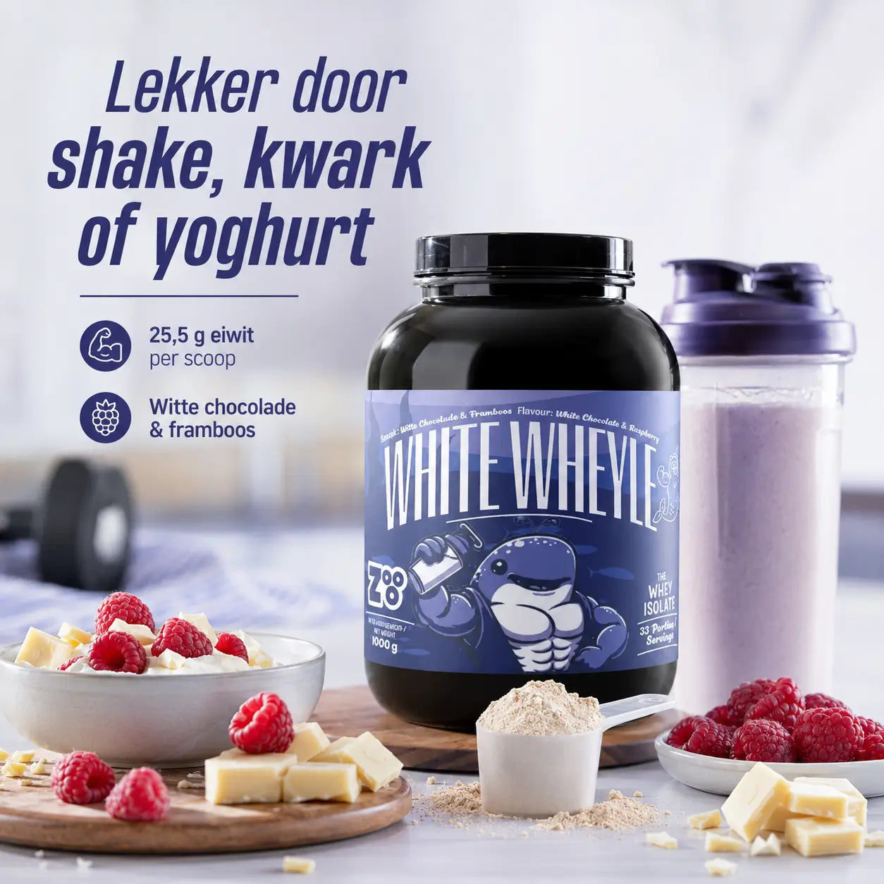 White Wheyle eiwitpoeder lekker door shake, kwark of yoghurt
