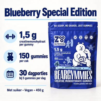 Beargymmies Blueberry Special Edition: 1,5 g creatinemonohydraat per gummy, 150 gummies en 30 dagporties per zak
