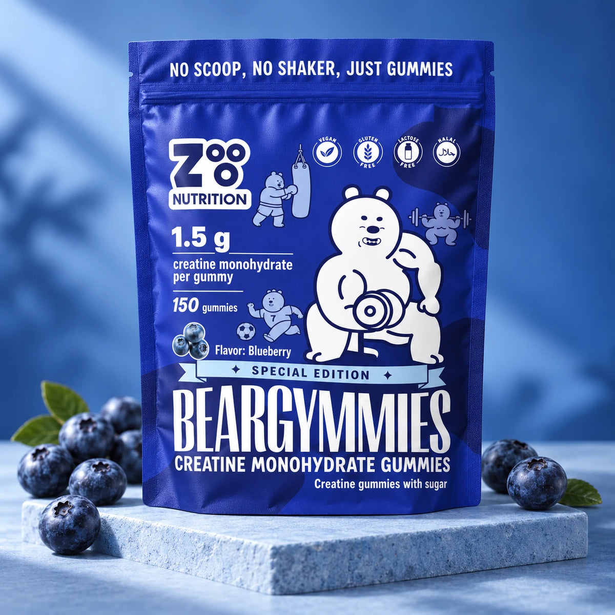 Blauwe Beargymmies Blueberry Special Edition-verpakking met blauwe bessen als smaakimpressie