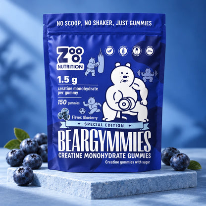 Blauwe Beargymmies Blueberry Special Edition-verpakking met blauwe bessen als smaakimpressie