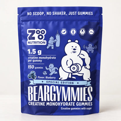 Beargymmies Blueberry Special Edition, blauwe pouch met 150 gummies en 1,5 g creatinemonohydraat per gummy
