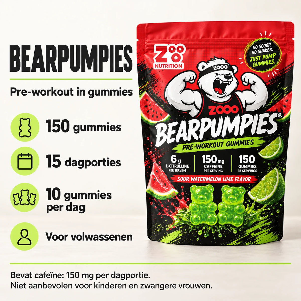 Bearpumpies: 150 gummies, 15 dagporties, 10 gummies per dag voor volwassenen; 150 mg cafeïne per dagportie