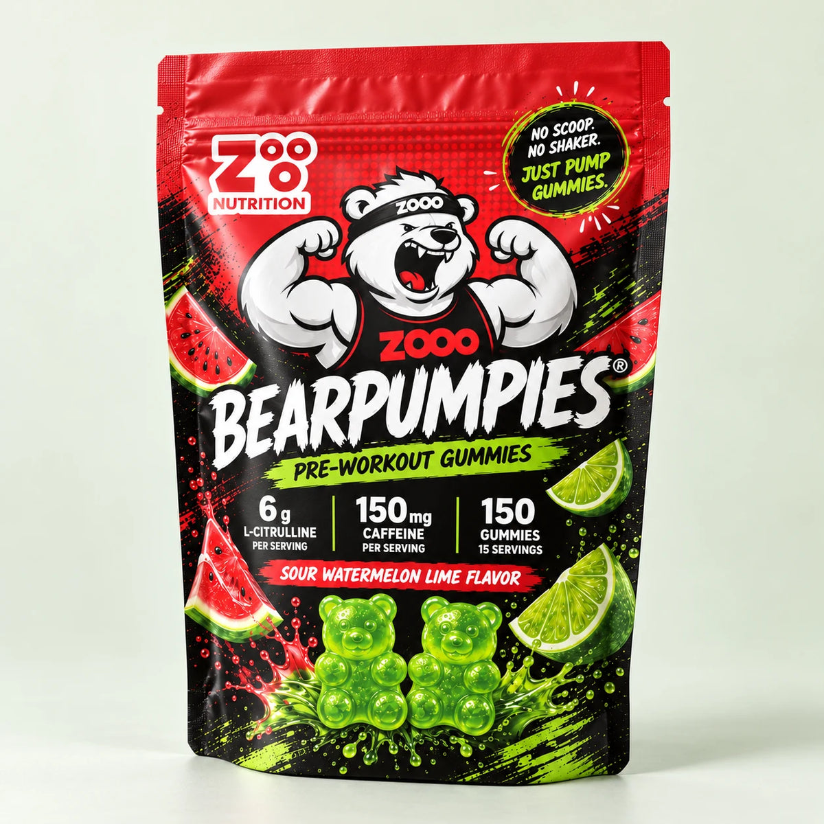 Bearpumpies pre-workout gummies van ZOOO Nutrition, Sour Watermelon Lime, stazak met 150 gummies op een lichte studioachtergrond