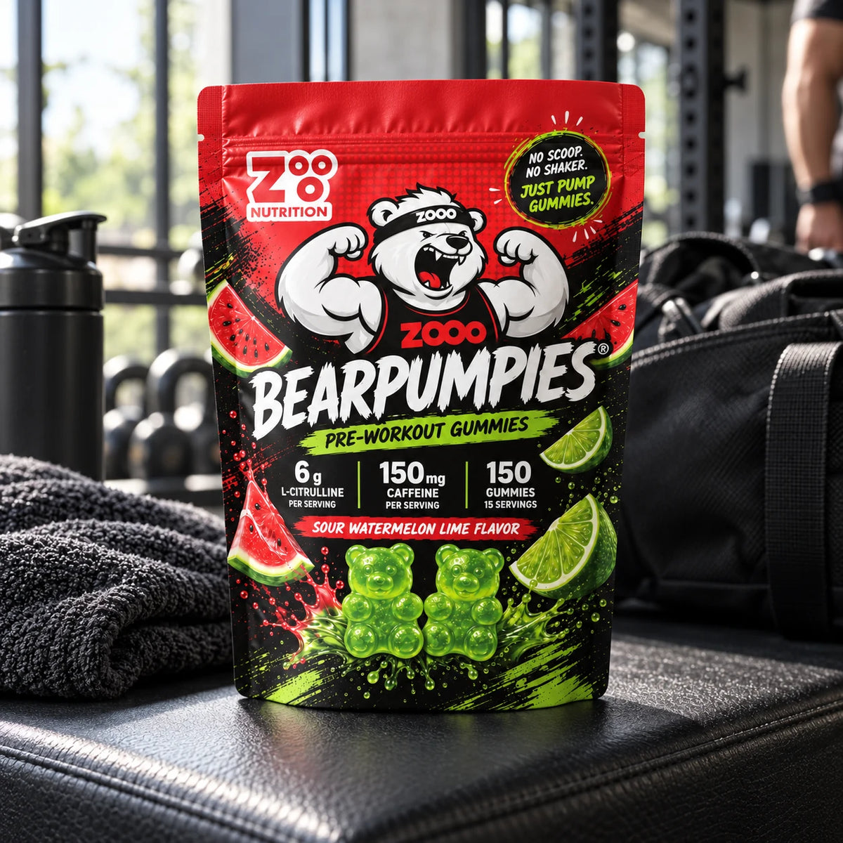 Bearpumpies Sour Watermelon Lime pre-workout gummies op een trainingsbank met sporttas en handdoek