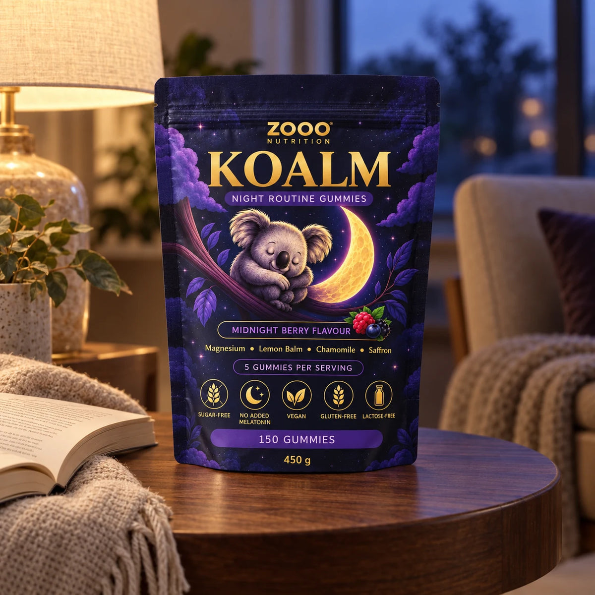 KOALM Midnight Berry-verpakking op een walnoten bijzettafel met boek en warm avondlicht