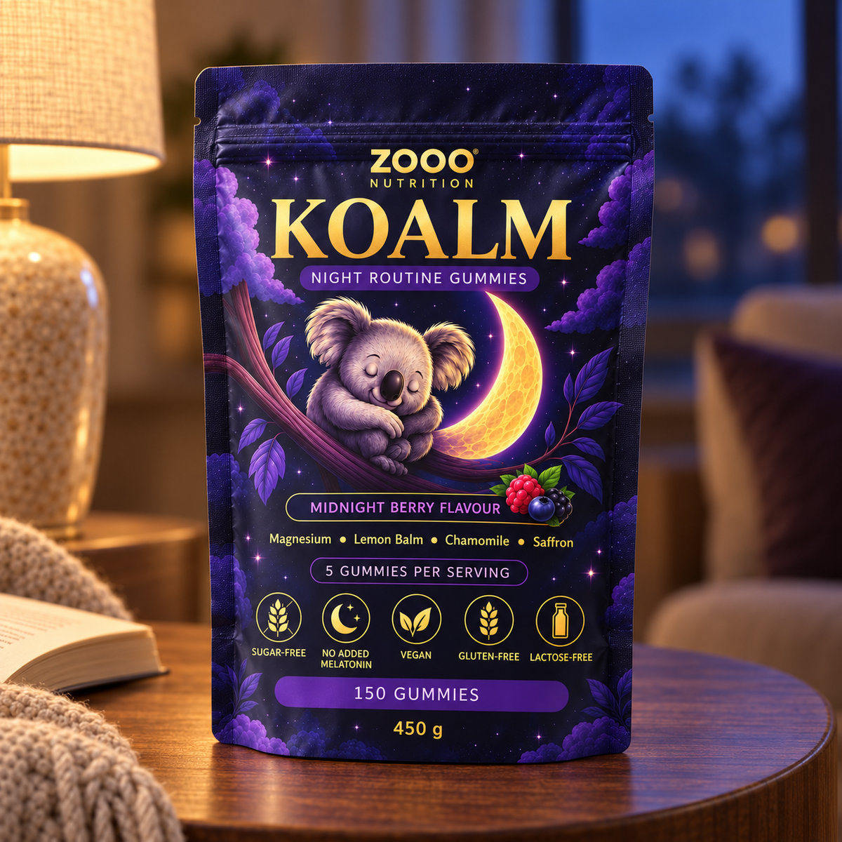 KOALM Night Routine Gummies van ZOOO Nutrition, Midnight Berry, volledige verpakking met 150 gummies op een walnoten tafel in warm avondlicht