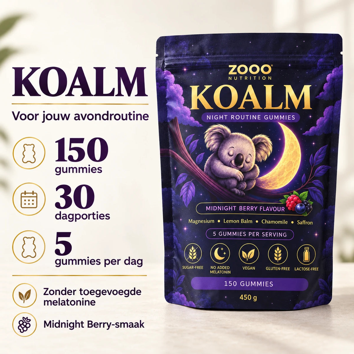 KOALM: 150 gummies, 30 dagporties, 5 gummies per dag, zonder toegevoegde melatonine