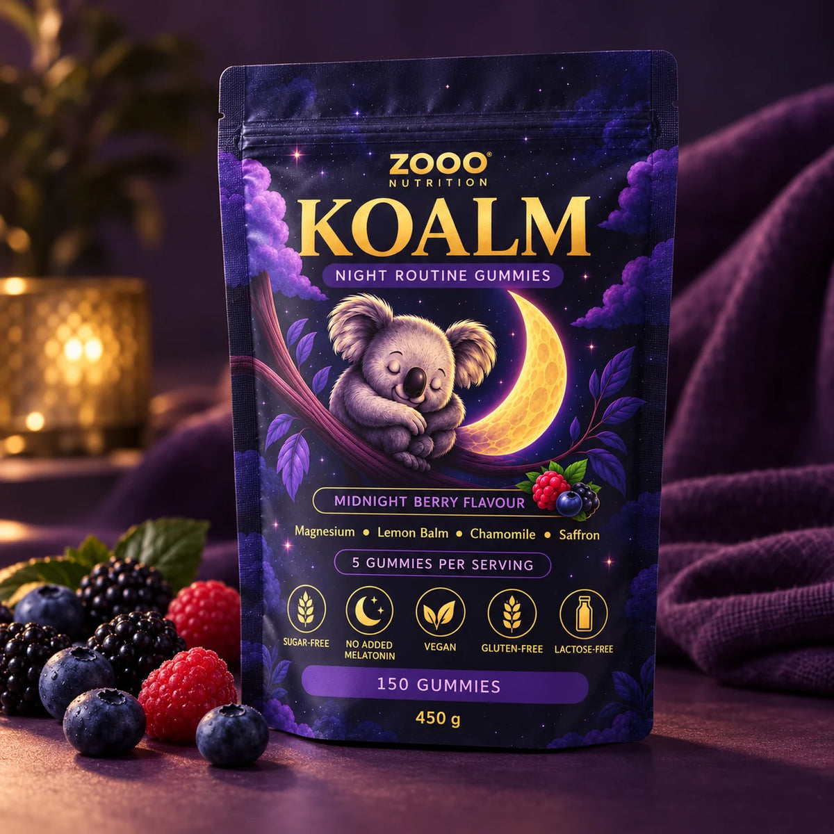 KOALM-verpakking met bessen als smaakimpressie van Midnight Berry