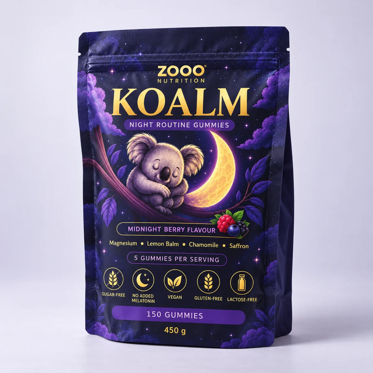 KOALM Night Routine Gummies van ZOOO Nutrition, Midnight Berry, stazak met 150 gummies op een lichte lila achtergrond