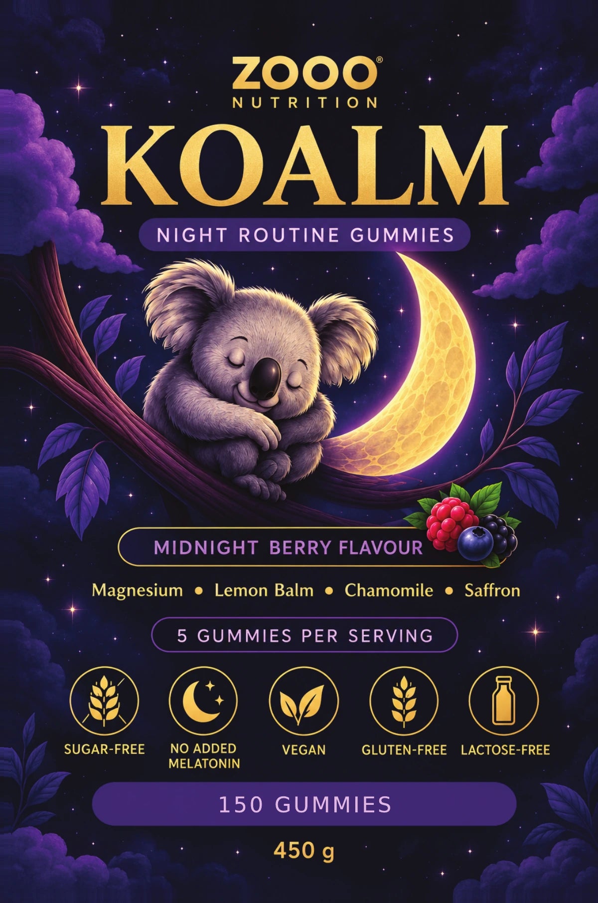 Voorzijde van KOALM Night Routine Gummies van ZOOO Nutrition, Midnight Berry, 150 gummies en 450 g