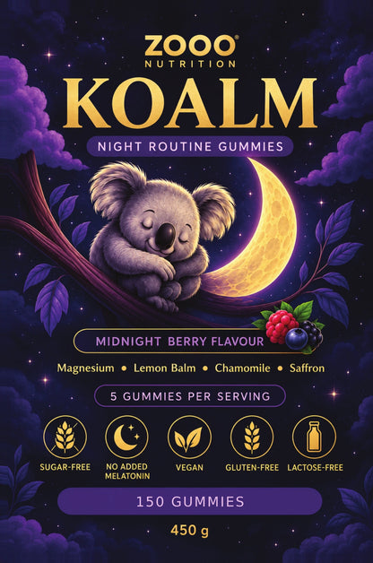 Voorzijde van KOALM Night Routine Gummies van ZOOO Nutrition, Midnight Berry, 150 gummies en 450 g