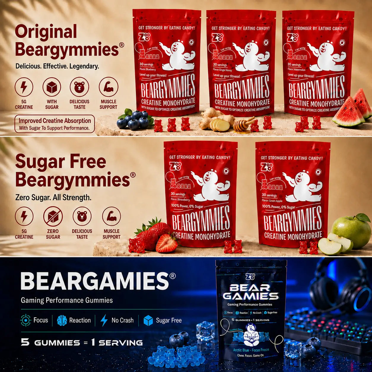 Beargymmies strawberry sugar free creatine gummies met 5 gummies per serving en 30 servings per zak.